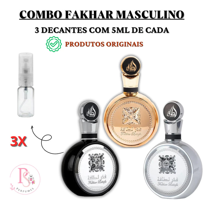 COMBO FAKHAR MASCULINO VAI 5ML DE CADA (FAKHAR BLACK, FAKHAR GOLD E FAKHAR PLATIN)
