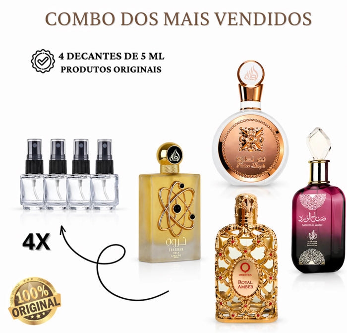 COMBO ARABE DOS MAIS VENDIDOS - vai 5ml de cada (tharwah gold, royal amber, fakhar rose e sabah)