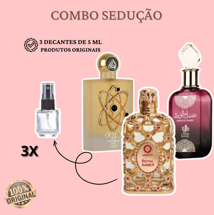 COMBO SEDUCAO 3 decantes de 5ml cada - Tharwah Gold, Royal Amber + Sabah - TOTAL 15ml
